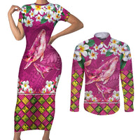 Hawaiian Plumeria and Humpback Whales Couples Matching Short Sleeve Bodycon Dress and Long Sleeve Button Shirt Polynerian Art Tattoo-Plum Pink Color LT03 Pink - Polynesian Pride