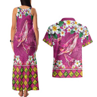 Hawaiian Plumeria and Humpback Whales Couples Matching Tank Maxi Dress and Hawaiian Shirt Polynerian Art Tattoo-Plum Pink Color LT03 - Polynesian Pride