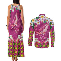 Hawaiian Plumeria and Humpback Whales Couples Matching Tank Maxi Dress and Long Sleeve Button Shirt Polynerian Art Tattoo-Plum Pink Color LT03 - Polynesian Pride