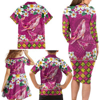 Hawaiian Plumeria and Humpback Whales Family Matching Long Sleeve Bodycon Dress and Hawaiian Shirt Polynerian Art Tattoo-Plum Pink Color LT03 - Polynesian Pride
