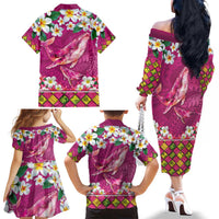 Hawaiian Plumeria and Humpback Whales Family Matching Off The Shoulder Long Sleeve Dress and Hawaiian Shirt Polynerian Art Tattoo-Plum Pink Color LT03 - Polynesian Pride