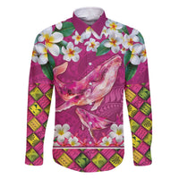 Hawaiian Plumeria and Humpback Whales Family Matching Off The Shoulder Long Sleeve Dress and Hawaiian Shirt Polynerian Art Tattoo-Plum Pink Color LT03 Dad's Shirt - Long Sleeve Pink - Polynesian Pride