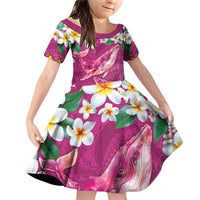 Hawaiian Plumeria and Humpback Whales Family Matching Off Shoulder Short Dress and Hawaiian Shirt Polynerian Art Tattoo-Plum Pink Color LT03 Daughter's Dress Pink - Polynesian Pride
