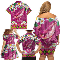 Hawaiian Plumeria and Humpback Whales Family Matching Off Shoulder Short Dress and Hawaiian Shirt Polynerian Art Tattoo-Plum Pink Color LT03 - Polynesian Pride