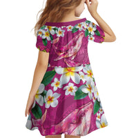 Hawaiian Plumeria and Humpback Whales Kid Short Sleeve Dress Polynerian Art Tattoo-Plum Pink Color