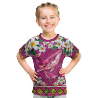 Hawaiian Plumeria and Humpback Whales Kid T Shirt Polynerian Art Tattoo-Plum Pink Color