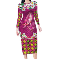 Hawaiian Plumeria and Humpback Whales Long Sleeve Bodycon Dress Polynerian Art Tattoo-Plum Pink Color LT03 Long Dress Pink - Polynesian Pride