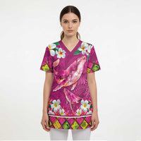 Hawaiian Plumeria and Humpback Whales Scrub Top Polynerian Art Tattoo-Plum Pink Color - Polynesian Pride