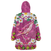Hawaiian Plumeria and Humpback Whales Wearable Blanket Hoodie Polynerian Art Tattoo-Plum Pink Color LT03 - Polynesian Pride