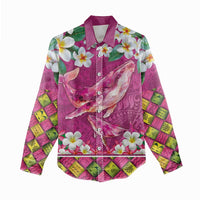 Hawaiian Plumeria and Humpback Whales Women Casual Shirt Polynerian Art Tattoo-Plum Pink Color LT03 - Polynesian Pride