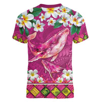 Hawaiian Plumeria and Humpback Whales Women V-Neck T-Shirt Polynerian Art Tattoo-Plum Pink Color