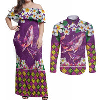 Hawaiian Plumeria and Humpback Whales Couples Matching Off Shoulder Maxi Dress and Long Sleeve Button Shirt Polynerian Art Tattoo-Mauve Color LT03 Purple - Polynesian Pride