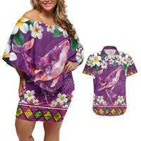 Hawaiian Plumeria and Humpback Whales Couples Matching Off Shoulder Short Dress and Hawaiian Shirt Polynerian Art Tattoo-Mauve Color LT03 Purple - Polynesian Pride