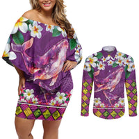 Hawaiian Plumeria and Humpback Whales Couples Matching Off Shoulder Short Dress and Long Sleeve Button Shirt Polynerian Art Tattoo-Mauve Color LT03 Purple - Polynesian Pride