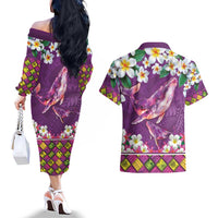 Hawaiian Plumeria and Humpback Whales Couples Matching Off The Shoulder Long Sleeve Dress and Hawaiian Shirt Polynerian Art Tattoo-Mauve Color LT03 - Polynesian Pride