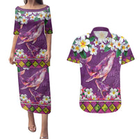 Hawaiian Plumeria and Humpback Whales Couples Matching Puletasi and Hawaiian Shirt Polynerian Art Tattoo-Mauve Color LT03 Purple - Polynesian Pride