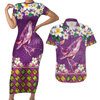 Hawaiian Plumeria and Humpback Whales Couples Matching Short Sleeve Bodycon Dress and Hawaiian Shirt Polynerian Art Tattoo-Mauve Color LT03 Purple - Polynesian Pride