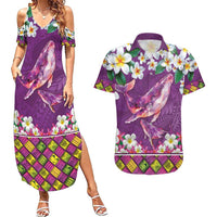 Hawaiian Plumeria and Humpback Whales Couples Matching Summer Maxi Dress and Hawaiian Shirt Polynerian Art Tattoo-Mauve Color LT03 Purple - Polynesian Pride