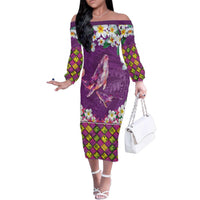 Hawaiian Plumeria and Humpback Whales Family Matching Off The Shoulder Long Sleeve Dress and Hawaiian Shirt Polynerian Art Tattoo-Mauve Color LT03 Mom's Dress Purple - Polynesian Pride