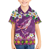 Hawaiian Plumeria and Humpback Whales Family Matching Off The Shoulder Long Sleeve Dress and Hawaiian Shirt Polynerian Art Tattoo-Mauve Color LT03 Son's Shirt Purple - Polynesian Pride