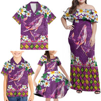 Hawaiian Plumeria and Humpback Whales Family Matching Off Shoulder Maxi Dress and Hawaiian Shirt Polynerian Art Tattoo-Mauve Color LT03 - Polynesian Pride