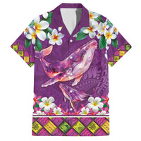 Hawaiian Plumeria and Humpback Whales Family Matching Off Shoulder Maxi Dress and Hawaiian Shirt Polynerian Art Tattoo-Mauve Color LT03 Dad's Shirt - Short Sleeve Purple - Polynesian Pride