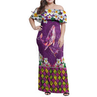 Hawaiian Plumeria and Humpback Whales Family Matching Off Shoulder Maxi Dress and Hawaiian Shirt Polynerian Art Tattoo-Mauve Color LT03 Mom's Dress Purple - Polynesian Pride