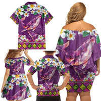 Hawaiian Plumeria and Humpback Whales Family Matching Off Shoulder Short Dress and Hawaiian Shirt Polynerian Art Tattoo-Mauve Color LT03 - Polynesian Pride