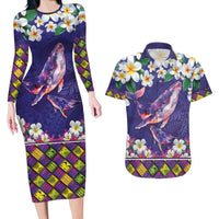 Hawaiian Plumeria and Humpback Whales Couples Matching Long Sleeve Bodycon Dress and Hawaiian Shirt Polynerian Art Tattoo-Navy Color LT03 Navy - Polynesian Pride