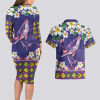 Hawaiian Plumeria and Humpback Whales Couples Matching Long Sleeve Bodycon Dress and Hawaiian Shirt Polynerian Art Tattoo-Navy Color LT03 - Polynesian Pride