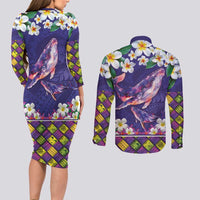 Hawaiian Plumeria and Humpback Whales Couples Matching Long Sleeve Bodycon Dress and Long Sleeve Button Shirt Polynerian Art Tattoo-Navy Color LT03 - Polynesian Pride