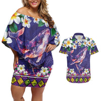 Hawaiian Plumeria and Humpback Whales Couples Matching Off Shoulder Short Dress and Hawaiian Shirt Polynerian Art Tattoo-Navy Color LT03 Navy - Polynesian Pride
