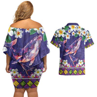 Hawaiian Plumeria and Humpback Whales Couples Matching Off Shoulder Short Dress and Hawaiian Shirt Polynerian Art Tattoo-Navy Color LT03 - Polynesian Pride