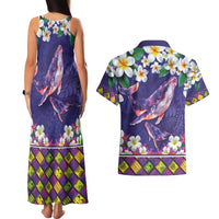 Hawaiian Plumeria and Humpback Whales Couples Matching Tank Maxi Dress and Hawaiian Shirt Polynerian Art Tattoo-Navy Color LT03 - Polynesian Pride