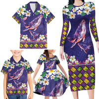 Hawaiian Plumeria and Humpback Whales Family Matching Long Sleeve Bodycon Dress and Hawaiian Shirt Polynerian Art Tattoo-Navy Color LT03 - Polynesian Pride