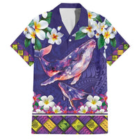 Hawaiian Plumeria and Humpback Whales Family Matching Off The Shoulder Long Sleeve Dress and Hawaiian Shirt Polynerian Art Tattoo-Navy Color LT03 Dad's Shirt - Short Sleeve Navy - Polynesian Pride