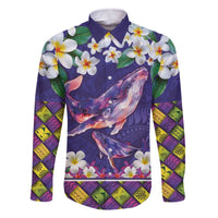 Hawaiian Plumeria and Humpback Whales Family Matching Off The Shoulder Long Sleeve Dress and Hawaiian Shirt Polynerian Art Tattoo-Navy Color LT03 Dad's Shirt - Long Sleeve Navy - Polynesian Pride