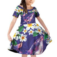 Hawaiian Plumeria and Humpback Whales Family Matching Off Shoulder Short Dress and Hawaiian Shirt Polynerian Art Tattoo-Navy Color LT03 Daughter's Dress Navy - Polynesian Pride