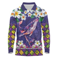 Hawaiian Plumeria and Humpback Whales Long Sleeve Polo Shirt Polynerian Art Tattoo-Navy Color