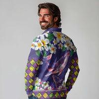 Hawaiian Plumeria and Humpback Whales Long Sleeve Polo Shirt Polynerian Art Tattoo-Navy Color