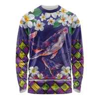 Hawaiian Plumeria and Humpback Whales Long Sleeve Shirt Polynerian Art Tattoo-Navy Color
