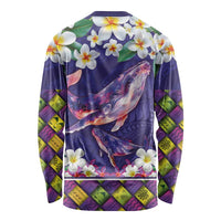 Hawaiian Plumeria and Humpback Whales Long Sleeve Shirt Polynerian Art Tattoo-Navy Color