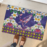 Hawaiian Plumeria and Humpback Whales Rubber Doormat Polynerian Art Tattoo-Navy Color