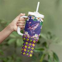 Hawaiian Plumeria and Humpback Whales Tumbler With Handle Polynerian Art Tattoo-Navy Color