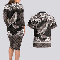 Hawaiian Plumeria and Humpback Whales Couples Matching Long Sleeve Bodycon Dress and Hawaiian Shirt Polynerian Art Tattoo-Grayscale Mode LT03 - Polynesian Pride