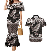 Hawaiian Plumeria and Humpback Whales Couples Matching Mermaid Dress and Hawaiian Shirt Polynerian Art Tattoo-Grayscale Mode LT03 Black - Polynesian Pride
