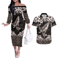 Hawaiian Plumeria and Humpback Whales Couples Matching Off The Shoulder Long Sleeve Dress and Hawaiian Shirt Polynerian Art Tattoo-Grayscale Mode LT03 Black - Polynesian Pride