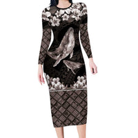 Hawaiian Plumeria and Humpback Whales Family Matching Long Sleeve Bodycon Dress and Hawaiian Shirt Polynerian Art Tattoo-Grayscale Mode LT03 Mom's Dress Black - Polynesian Pride