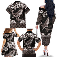 Hawaiian Plumeria and Humpback Whales Family Matching Off The Shoulder Long Sleeve Dress and Hawaiian Shirt Polynerian Art Tattoo-Grayscale Mode LT03 - Polynesian Pride
