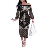 Hawaiian Plumeria and Humpback Whales Family Matching Off The Shoulder Long Sleeve Dress and Hawaiian Shirt Polynerian Art Tattoo-Grayscale Mode LT03 Mom's Dress Black - Polynesian Pride